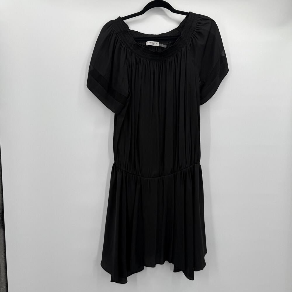 Ramy Brook Dress Womens Large Black Smocked Neck Drop‎ Waist Flutter Sleeve